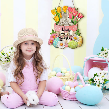 Happy Easter Hanging Sign for Front Door Wooden Easter Decoration for Home Indoor Outdoor Wall(Cute Rabbit)