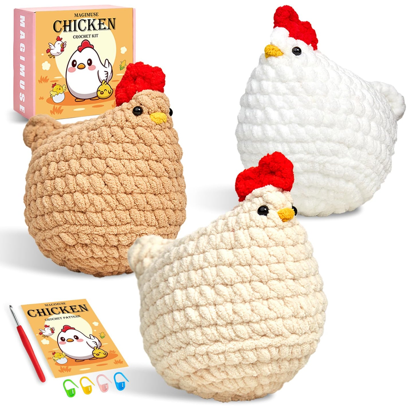 Crochet Kit for Beginners, Crochet Starter Kits for Adults Amigurumi Craft Knitting Crochet Animals Kits with Step-by-Step Video Tutorials, 3 Pcs Chicken (40%+ Yarn)