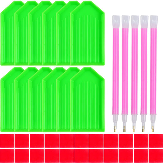 39PCS Diamond Art Painting Tools and Accessories Kits, with 12 Plastic Trays, 22pcs Glue Clay, 5 Pens, DIY Accessories