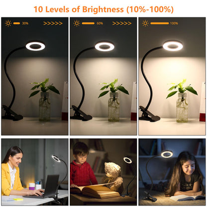 Desk Clip on Lamp for Reading Home Office, 10 Dimmable Brightness 3 Modes, Clamp Light for Bed Headboard