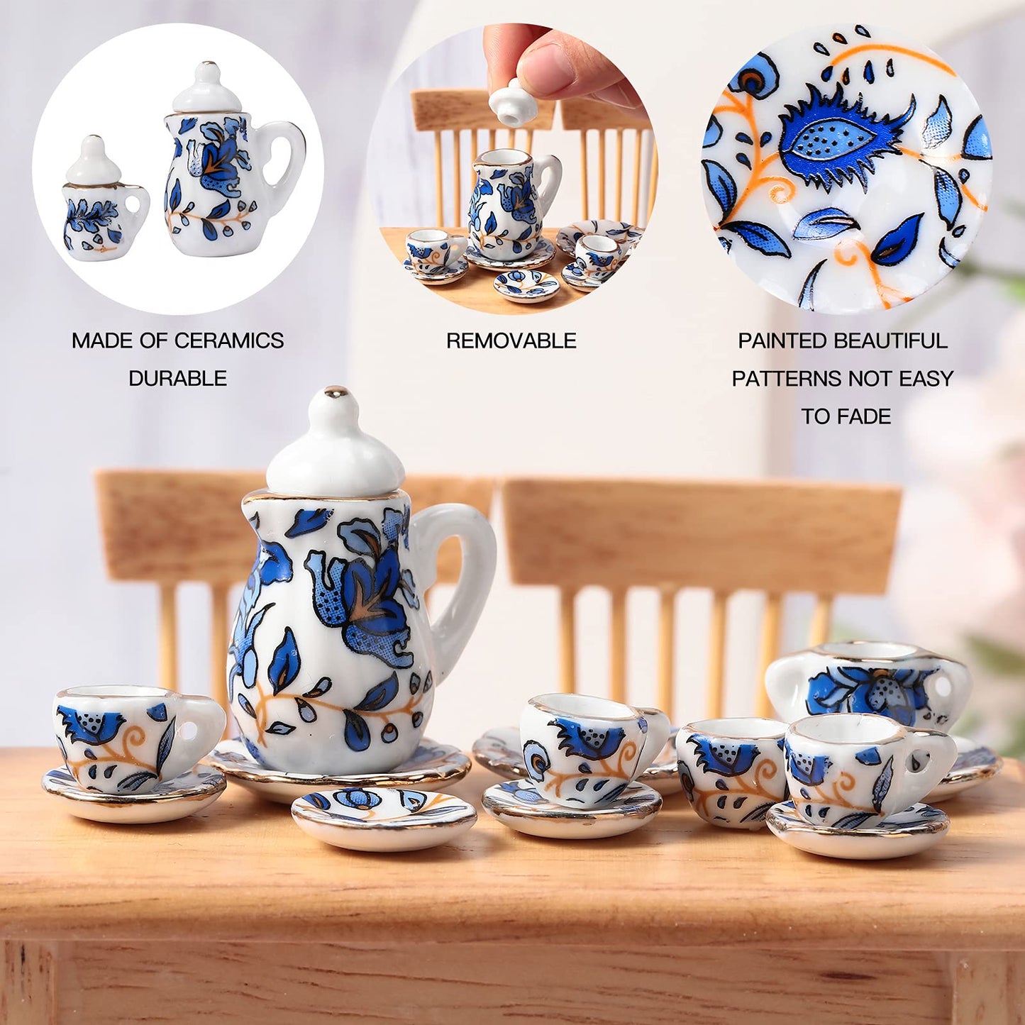 2 Set 1:12 Dollhouse Miniature Porcelain Tea Cup 30 Pieces Mini Flowers Pattern with Golden Trim Teapot Cup Plate Dollhouse Kitchen Accessories (Charming Style)