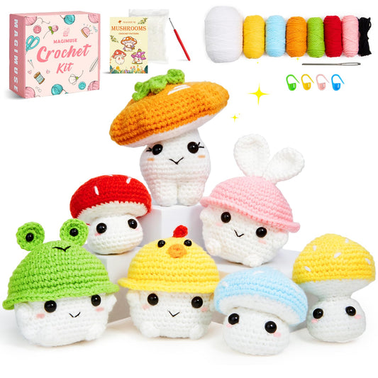 Crochet Kit for Beginners, Crochet Starter Kits for Adults Amigurumi Craft Knitting Crocheting Kits with Step-by-Step Video Tutorials, Mushroom Family(40%+ Yarn