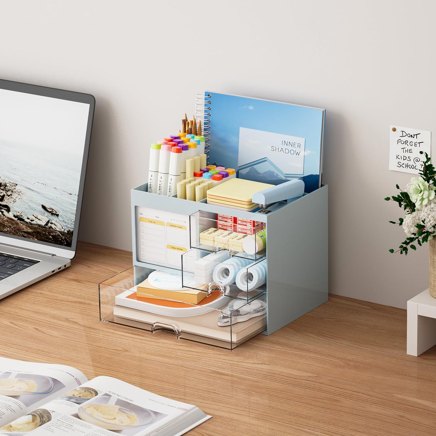 Desk Organizer with 3 Drawer, Multi-Functional Pencil Pen Holder for Desk, Desktop Organizer Storage for Office Home Art Supplies (Blue)