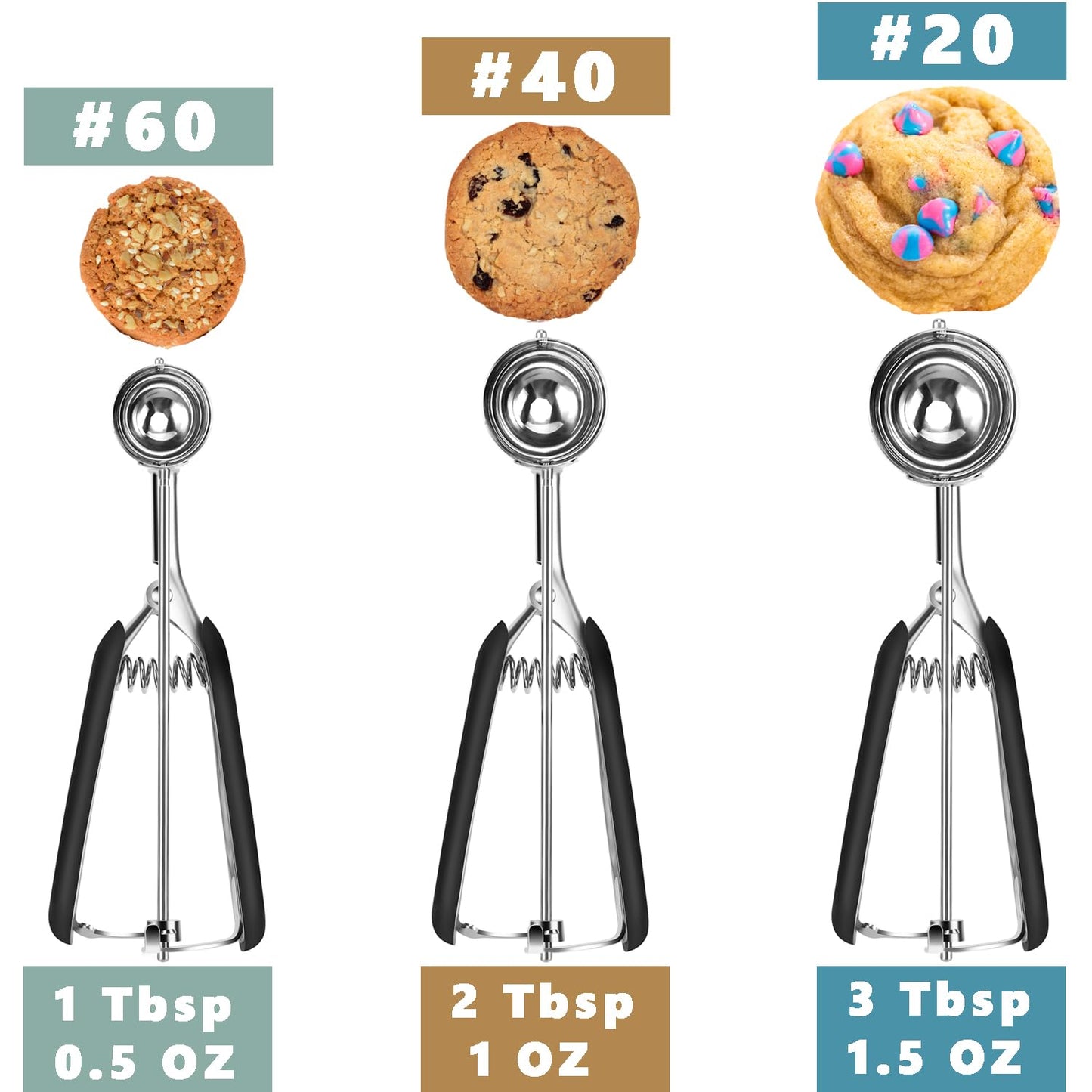 Cookie Scoop Set, Include 1 Tbsp/2 Tbsp/3 Tbsp, Cookie Scoops for Baking Set of 3, Cookie Dough Scoop, 18/8 Stainless Steel, Good Grip, Non-Slip, for Cookie Cupcake Muffin Ice Cream waffle