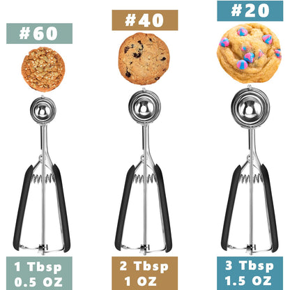 Cookie Scoop Set, Include 1 Tbsp/2 Tbsp/3 Tbsp, Cookie Scoops for Baking Set of 3, Cookie Dough Scoop, 18/8 Stainless Steel, Good Grip, Non-Slip, for Cookie Cupcake Muffin Ice Cream waffle