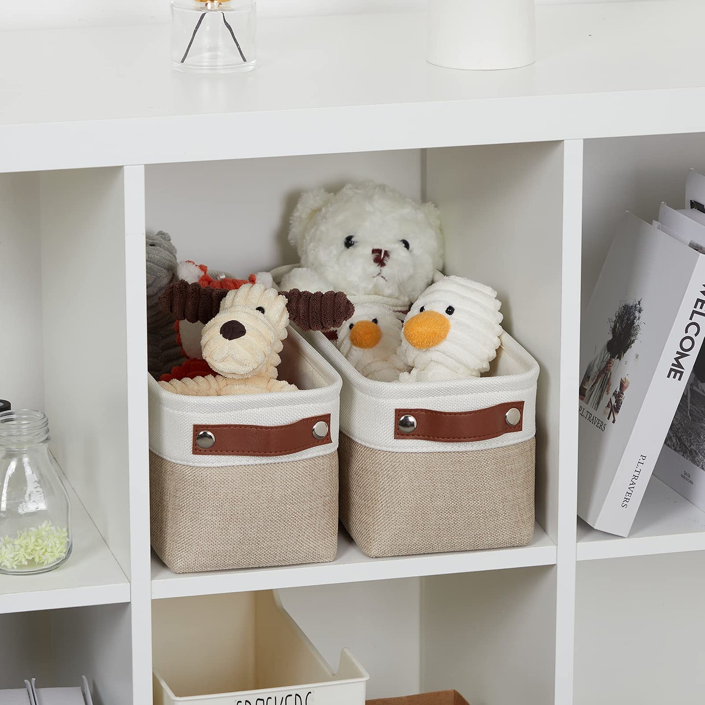 2-Pack Bathroom Baskets for Toilet, Small Storage Bins for Organizing Closets, Cabinets, Shelves, Canvas Fabric Storage Basket Bins With Leather Handles for Empty Gift Basket (White&Khaki)