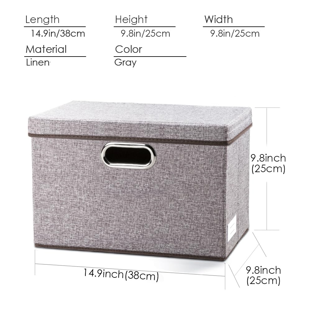 Foldable Storage Boxes with Lids [3-Pack] Linen Fabric Collapsible Storage Bins Organizer Containers Baskets Cube with Cover for Home Bedroom Closet Office Nursery (14.9x9.8x9.8)