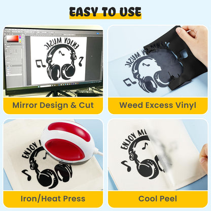 Black HTV Heat Transfer Vinyl Rolls - 12" x 20ft Black Iron on Vinyl for Shirts, Iron on for All Cutter Machine - Easy to Cut & Weed for Craft Heat Vinyl Design