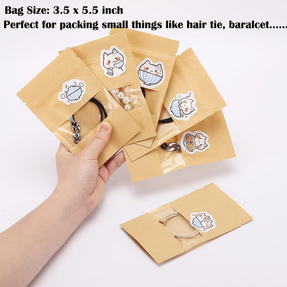 100pcs 3.5 x 5.5 inch Kraft Paper Treat Bags with Window Ziplock Stand Up Pouches for Food Storage Cookies Snacks Tea Packing