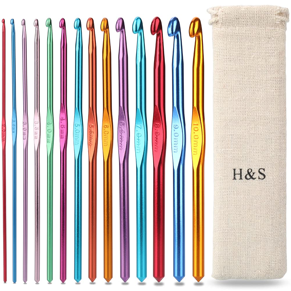 Crochet Hooks Set Aluminium 14pcs Needles with Pouch Case 2mm 2.5mm 3mm 3.5mm 4mm 4.5mm 5mm 5.5mm 6mm 6.5mm 7mm 8mm 9mm 10mm