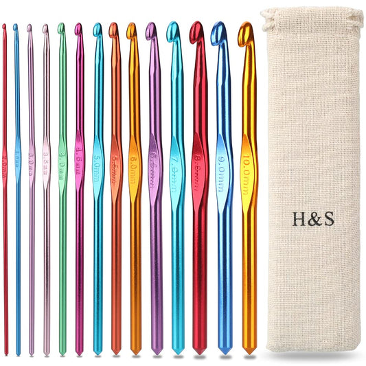 Crochet Hooks Set Aluminium 14pcs Needles with Pouch Case 2mm 2.5mm 3mm 3.5mm 4mm 4.5mm 5mm 5.5mm 6mm 6.5mm 7mm 8mm 9mm 10mm