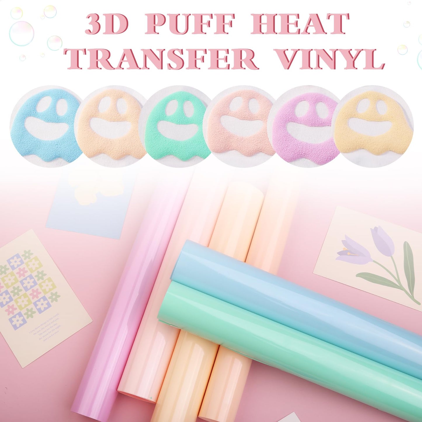 Puff Vinyl Heat Transfer -12'' x 10''6 Sheets Pastel 3D Puff HTV Iron On Vinyl Candy Color HTV Green Puff Heat Transfer Vinyl for T-Shirts