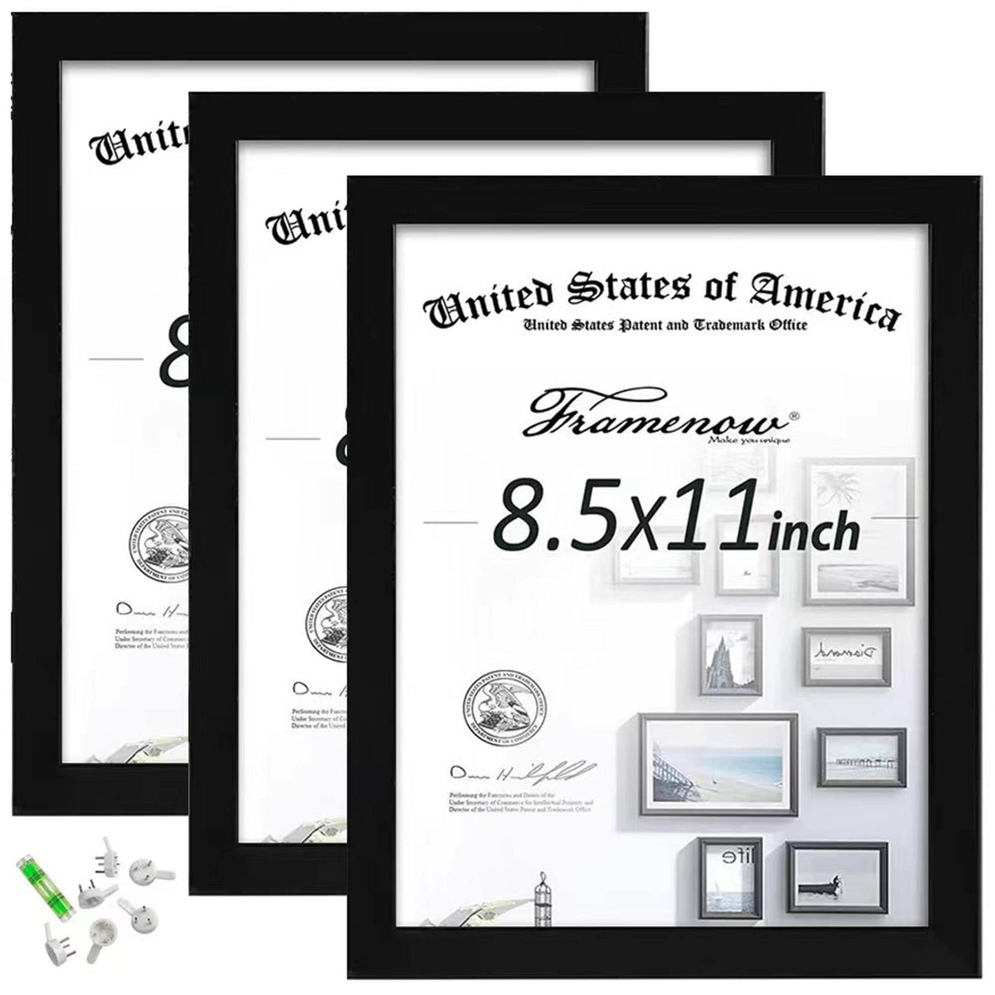 8.5x11 Picture Frames Set of 3, Made of Real High Definition Glass and Solid Frame to Display Certificate or Pictures 8.5x11,To Wall and Tabletop Mounting, black. (8.5x11'')