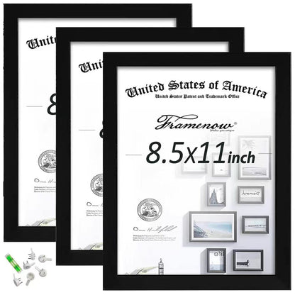 8.5x11 Picture Frames Set of 3, Made of Real High Definition Glass and Solid Frame to Display Certificate or Pictures 8.5x11,To Wall and Tabletop Mounting, black. (8.5x11'')
