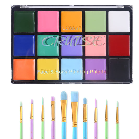 Macaron Face Body Paint Set, 15 Colors Painting Palette Makeup Kit + 10pc Colorful Artist Brushes, Oil Base Paint Set for Halloween, Cosplay, Parties and SFX Costume