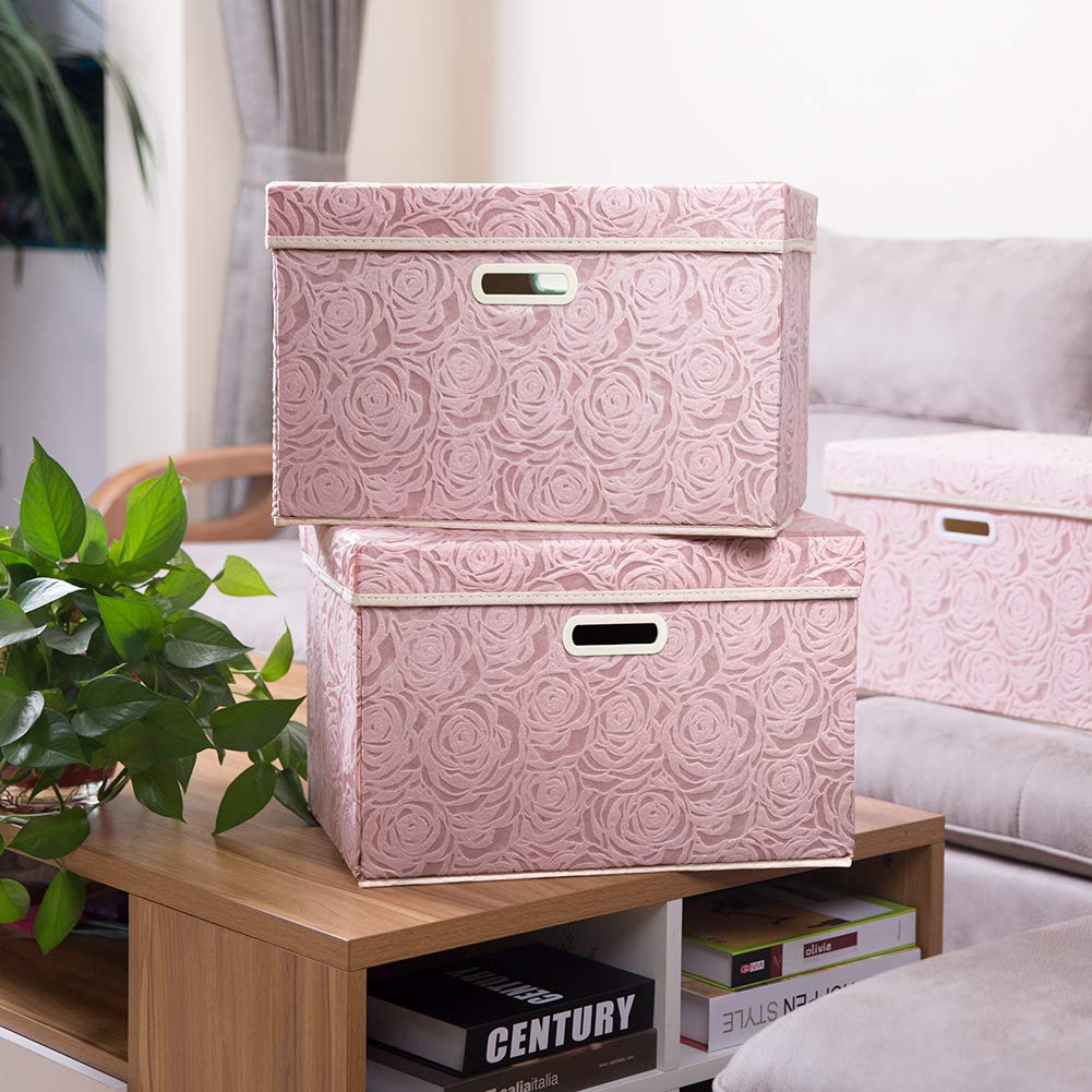 Larger Collapsible Storage Boxes with Lids Fabric Decorative Bins Cubes Organizer Containers Baskets Handles Divider for Bedroom Closet Living Room Pink 17.7x11.8x11.8 Inch 3 Pack