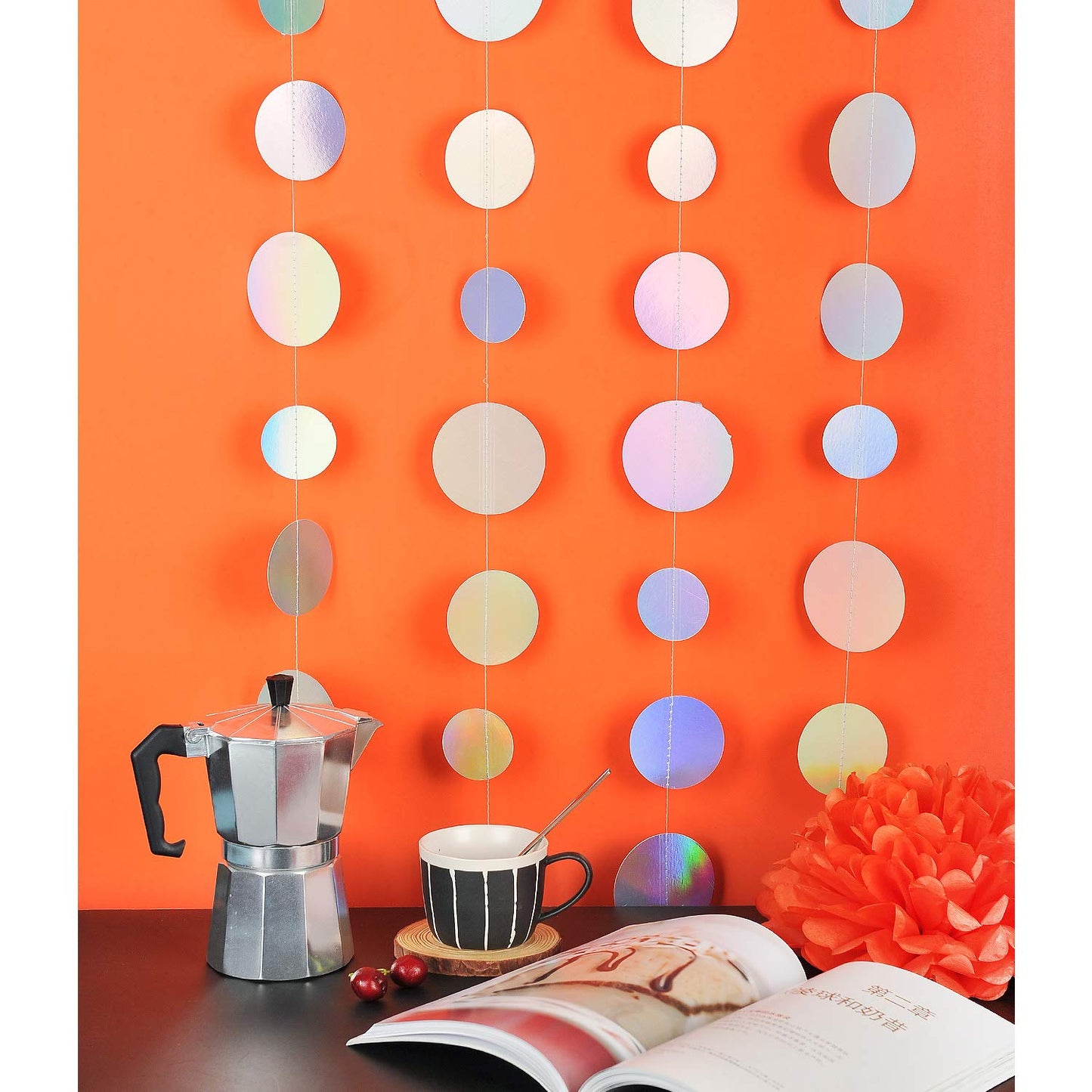 Holographic Paper Garland Shiny Iridescent Circle Dots Party Streamer Banner Backdrop Hanging Decorations, 20 Feet in Total
