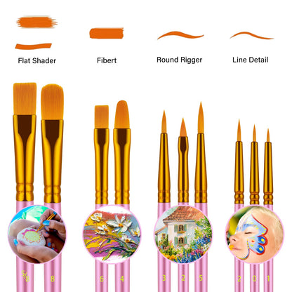 20 Pcs Paint Brushes for Acrylic Painting, Oil Watercolor Acrylic Paint Brush, Artist Paintbrushes for Body Face Rock Canvas, Kids Adult Drawing Arts Crafts Supplies, Pink