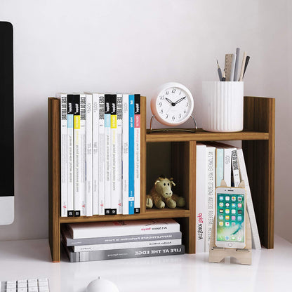 Desktop Organizer Office Storage Rack Adjustable Wood Display Shelf Free Style Double H Display True Natural Stand Shelf, Natural Wood Tone