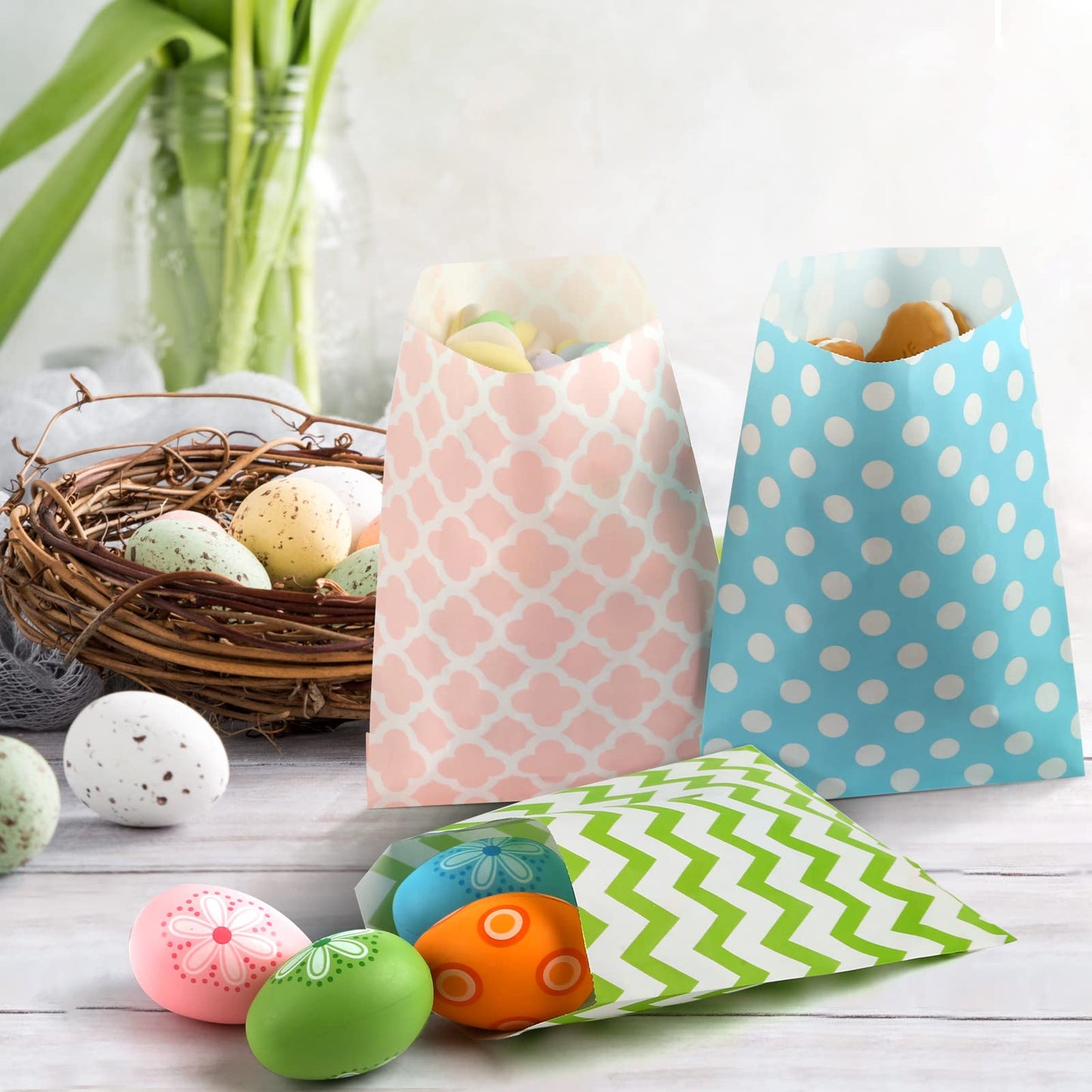 100 Pack Pastel Cookie Candy Buffet Easter Bags, 5x7 Small Paper Bags for Easter Birthday Holiday Party Favor Supplies, Green Yellow Blue Pink