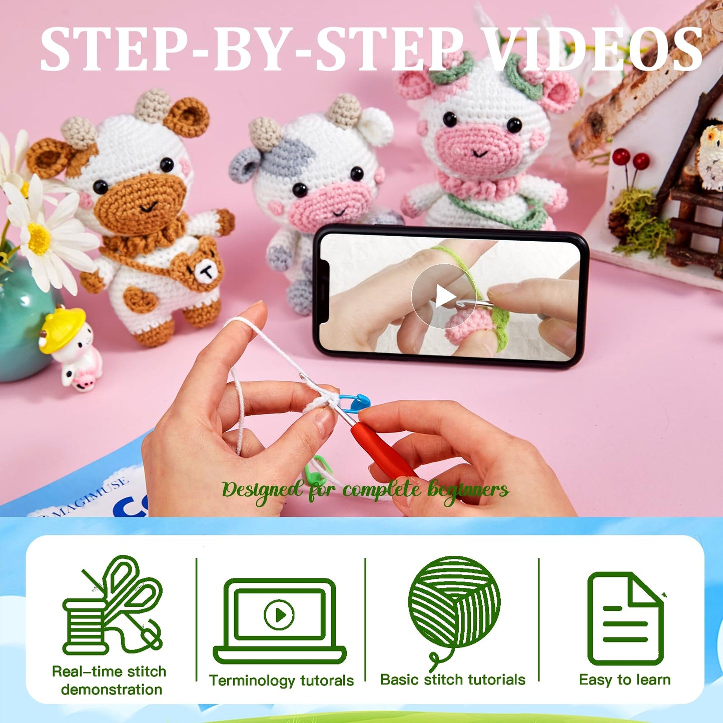 Crochet Kit for Beginners, Crochet Starter Kits for Adults w Step-by-Step Video Tutorials, Amigurumi Craft DIY Knitting Supplies, Crocheting Animals Kits, 3 Pcs Cow (40%+ Yarn)