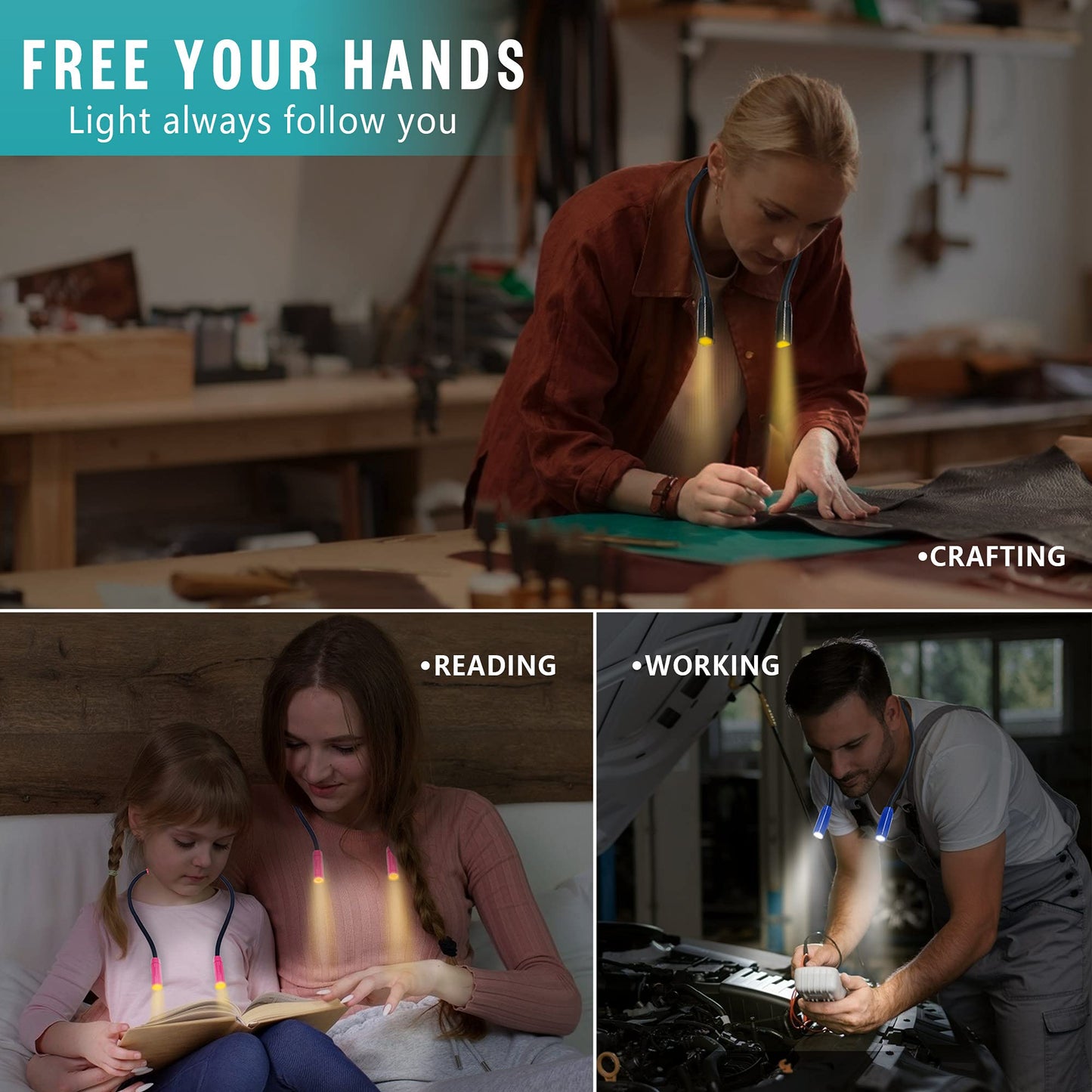 Lightweight Neck Reading Light - 3 Colors, 9 Brightness Levels. Rechargeable & Hand - Free. for Reading in Bed, Knitting, Crocheting, Sewing & Crafts, with Long - Lasting and Portable Design