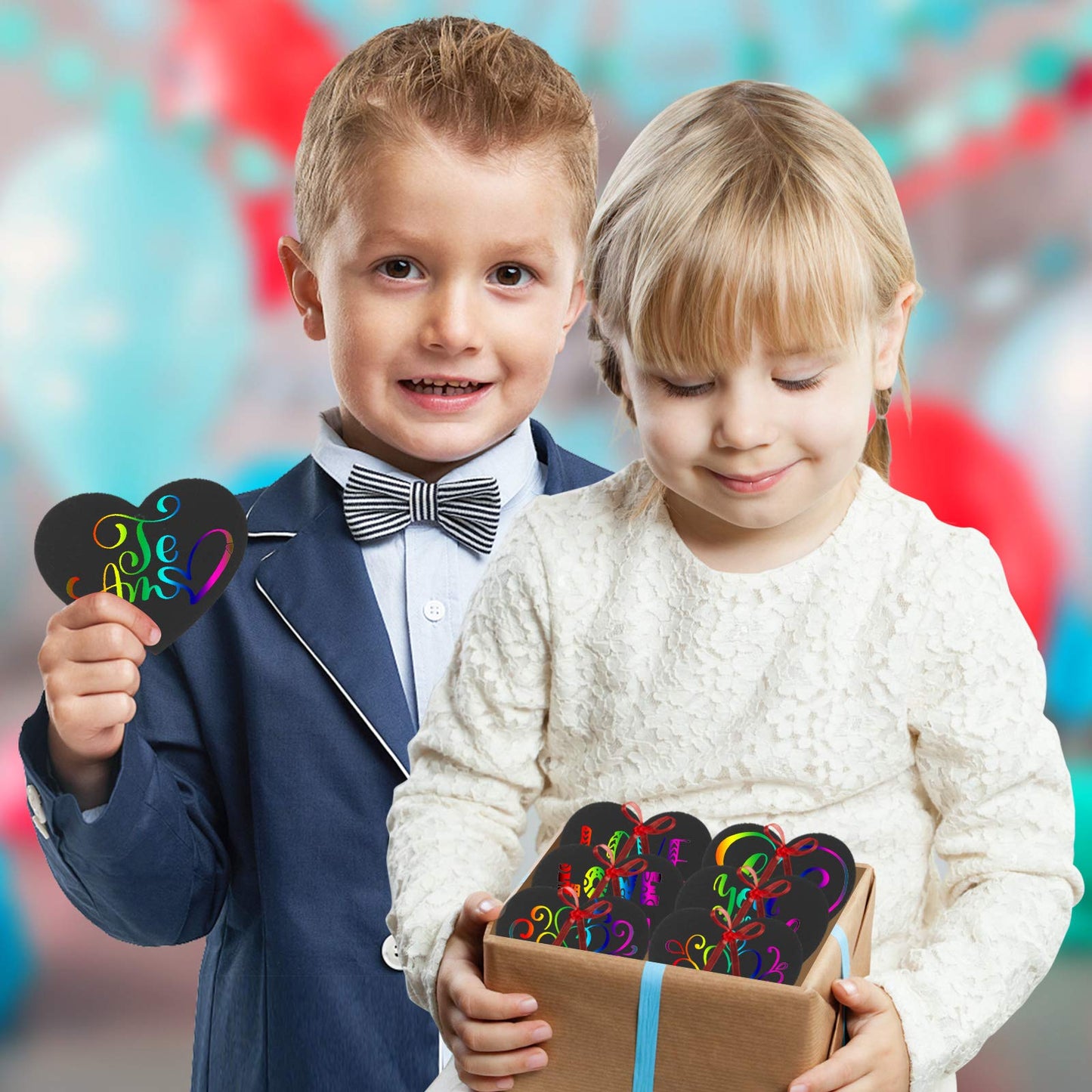 Rainbow Magic Scratch Art Set, 28 Heart Scratch Paper with Ribbons for Valentines Decorations, Scratch Art for Kids Class with 2Pcs 3D Stickers, Valentines Day Gifts for Kids (28 PCS Valentine Craft)