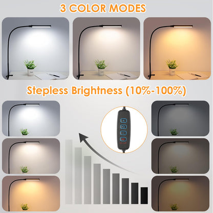 LED Desk lamp with Clamp, Eye-Caring Clip Lights for Home Office, 3 Colors Full Brightness, Flexible Gooseneck USB Adapter Table Lamp, Black