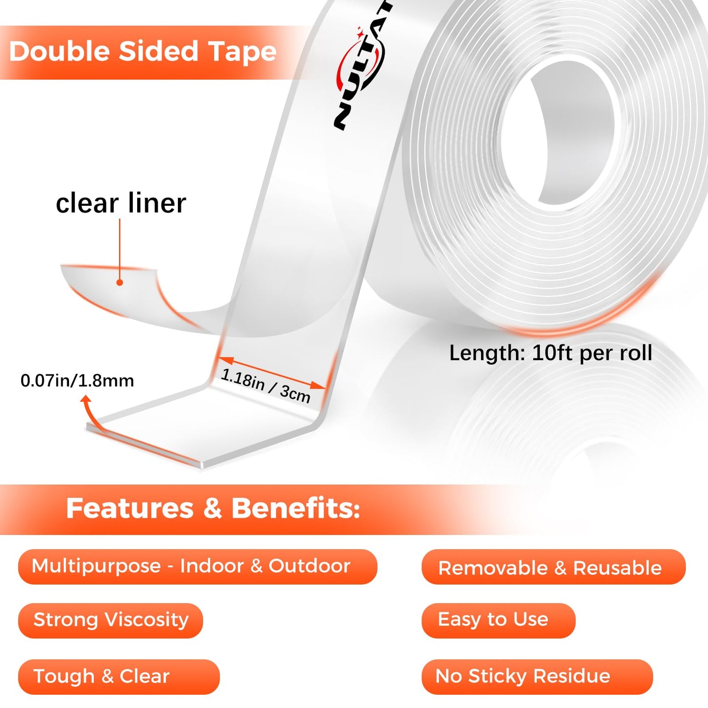 Strong Double Sided Tape Heavy Duty Double Sided Tape for Walls, Clear & Tough Nano Tape Double Sided Mounting Tape Adhesive Tape, Removable Wall Tape for Hanging Picture, Poster, Carpet (10FT)