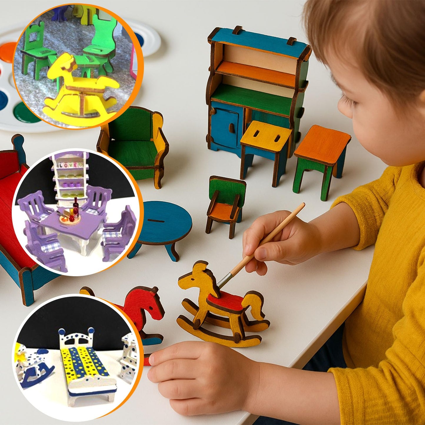 DIY Wooden Dollhouse Furniture Set, 3D Puzzle Miniature Room Accessories, Natural Wood