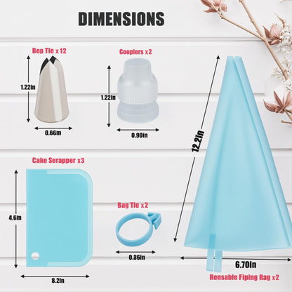 Piping Bags and Tips Set, Reusable Cake Decorating Supplies with 2 Reusable Bags, 12 Icing Tips, 2 Silicone Rings, 2 Couplers and 3 Scrapers, Cake Baking Tools for Cookie Icing Cupcakes
