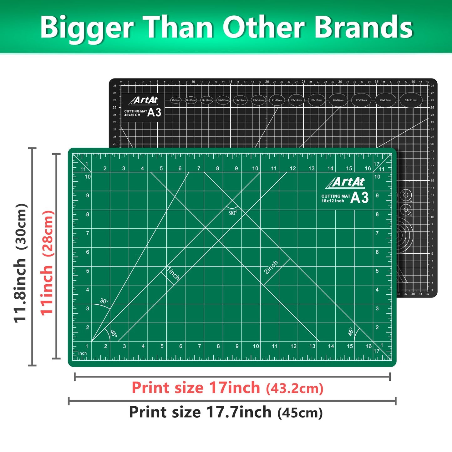 Self Healing Cutting Mat: 12inch x 18inch Double Sided 5-Ply Fabric Cutting Mat for Sewing, Quilting & Arts & Crafts - Gridded Rotary Cutting Board Mat in Green/Black.
