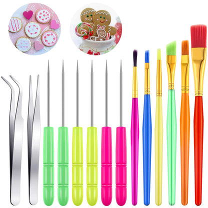 14 Pcs Cookie Decorating Tools Set Fondant Cake Decorating Brushes Scribe Cookie Tool Sugar Stir Needle Baking Elbow and Straight Tweezers for Sprinkles Supplies for Fondant
