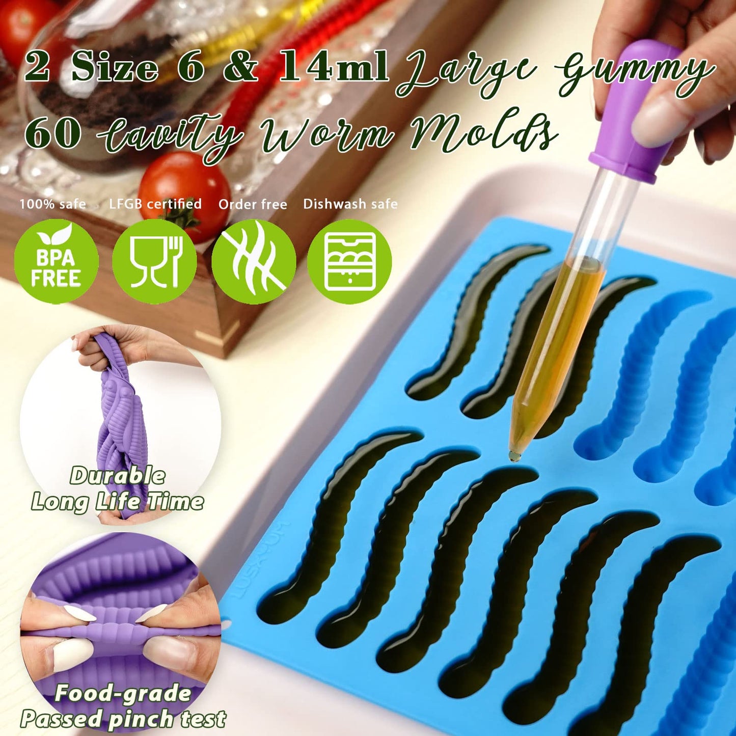 Gummy Worm Molds Silicone 6ML 14ML, 4PCS Non-Stick Silicone Large Worm Molds for Chocolate Gummy Candy 60 Cavity with 2 Droppers & Brush, Ideal Gift for Kids Adult Halloween Party