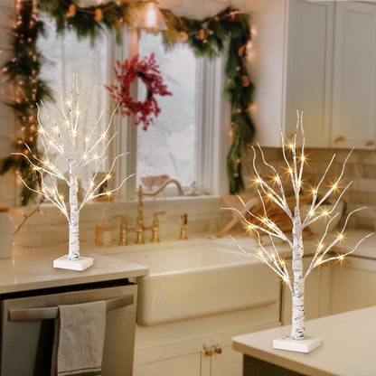 White Birch Tree with LED Lights - Set of 2, Tabletop Tree with Timer, Christmas Decorations Lighted Tree for Indoor Mantel Home Decor (2 FT, 24 LED)