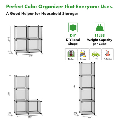 Cube Storage Organizer, 4-Cube Shelves Units, Closet Cabinet, DIY Plastic Modular Book Shelf Ideal for Bedroom, Living Room, Office, 24.8" L x 12.4" W x 24.8" H Grey UPCS04G
