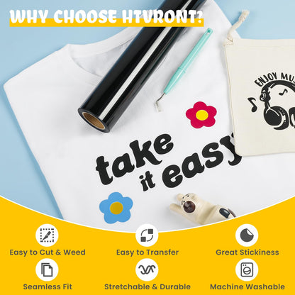 Black HTV Heat Transfer Vinyl Rolls - 12" x 20ft Black Iron on Vinyl for Shirts, Iron on for All Cutter Machine - Easy to Cut & Weed for Craft Heat Vinyl Design