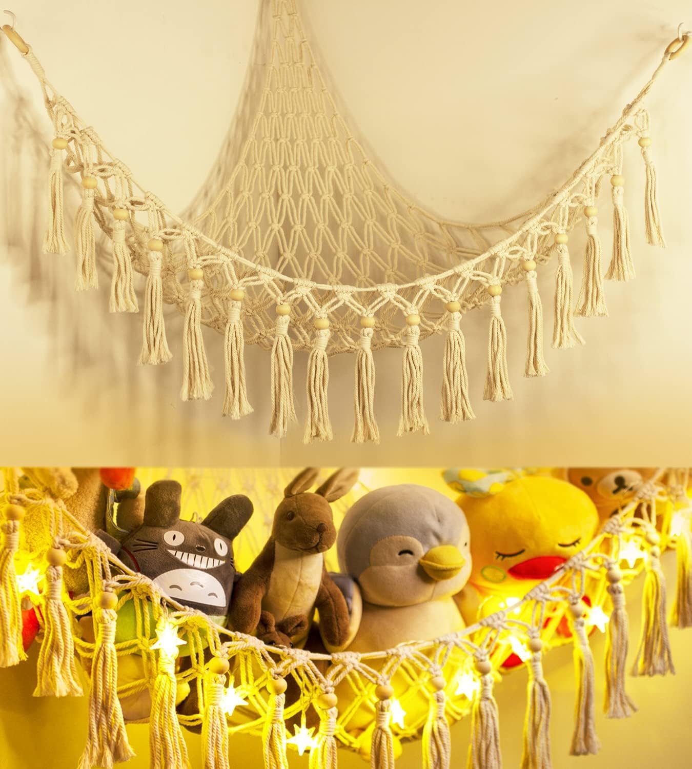 Stuffed Animal Toy Storage Hammock with LED Light - Macrame Jumbo Doll Corner Stuff Animals Organizer Decorations - Cute Hanging Plushie Net Kids Baby Nursery Bedroom Room Decor