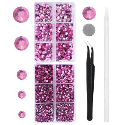 6796PCS Pink Hotfix Rhinestones Crystal Stones Glass for Fabric Clothes Shirts Sparkly Flat Back Round with Tweezers and Picking Pen (SS6~SS30 Set)