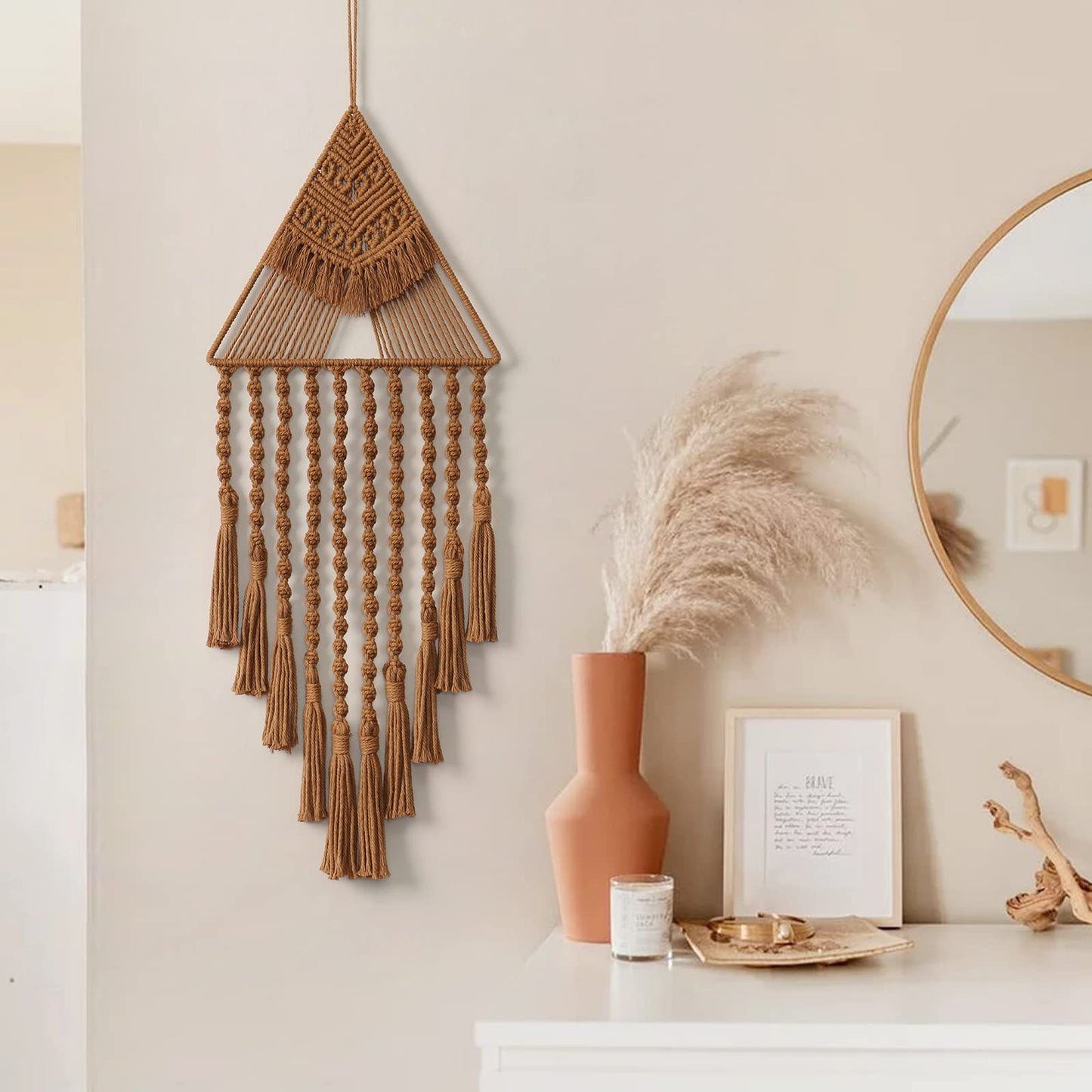 Macrame Woven Wall Hanging Dream Catcher Triangle Tassel Geometric Art Boho Backdrop Bohemian Home Decor Wall Art Beautiful Apartment Dorm Room Door Decoration(Brown)