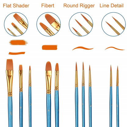 6 Packs / 60 pcs Nylon Hair Brushes for All Purpose Oil Watercolor Painting Artist Professional Kits