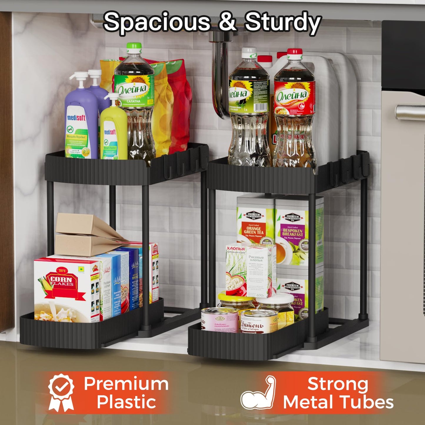 2 Pack Multi-Purpose Pull-Out Storage Organizers, Under Sink Organizers and Storage for Bathroom & Kitchen, Under Cabinet Organizers and storage, 12.8 Inch, Black