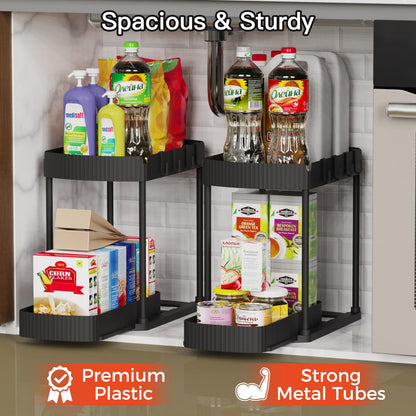 2 Pack Multi-Purpose Pull-Out Storage Organizers, Under Sink Organizers and Storage for Bathroom & Kitchen, Under Cabinet Organizers and storage, 12.8 Inch, Black