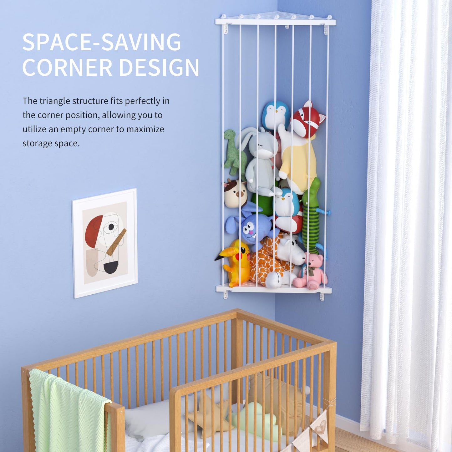 Stuffed Animal Storage Toy Organizer(Patented) - Corner Stuffed Animal Holder Length Adjustable - Wall Hanging Stuffed Animal Net Plush Storage for Nursery Playroom Bedroom Kids Room Decro(White)