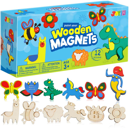 12 Wooden Magnet Creativity Arts & Crafts Painting Kit for Kids, Decorate Your Own Painting Gift for Easter Basket Stuffers, Birthday Parties and Family Crafts, Party Favors for Boys Girls