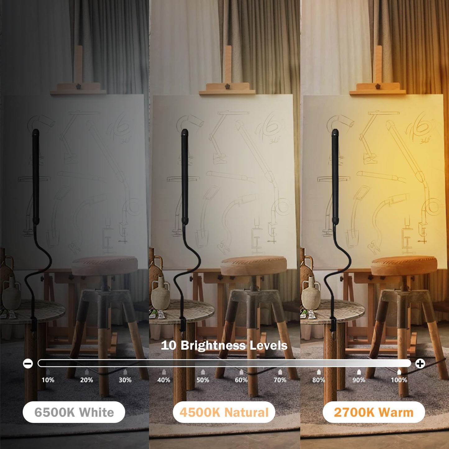 LED Desk Lamp with Clamp, Clamp Light with 30 Adjustable Color Modes, Clip on Light with Long Flexible Gooseneck, Eye Care Lamp Clamp for Study, Work, Home, Office, Black, 12W