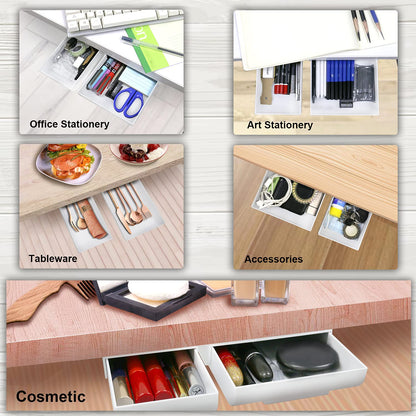 2 Pack Under Desk Storage Drawer Organizer, Hidden Slide Out Drawer Attachment, with Self - Adhesive Feature for Desktop and Table Organization, Hidden Under Desk