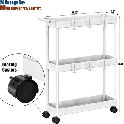 Kitchen Cart Storage 3-Tier Slim/Super Narrow Shelves with Handle, 26.5'' Height/5.5'' Width for Narrow Place, White