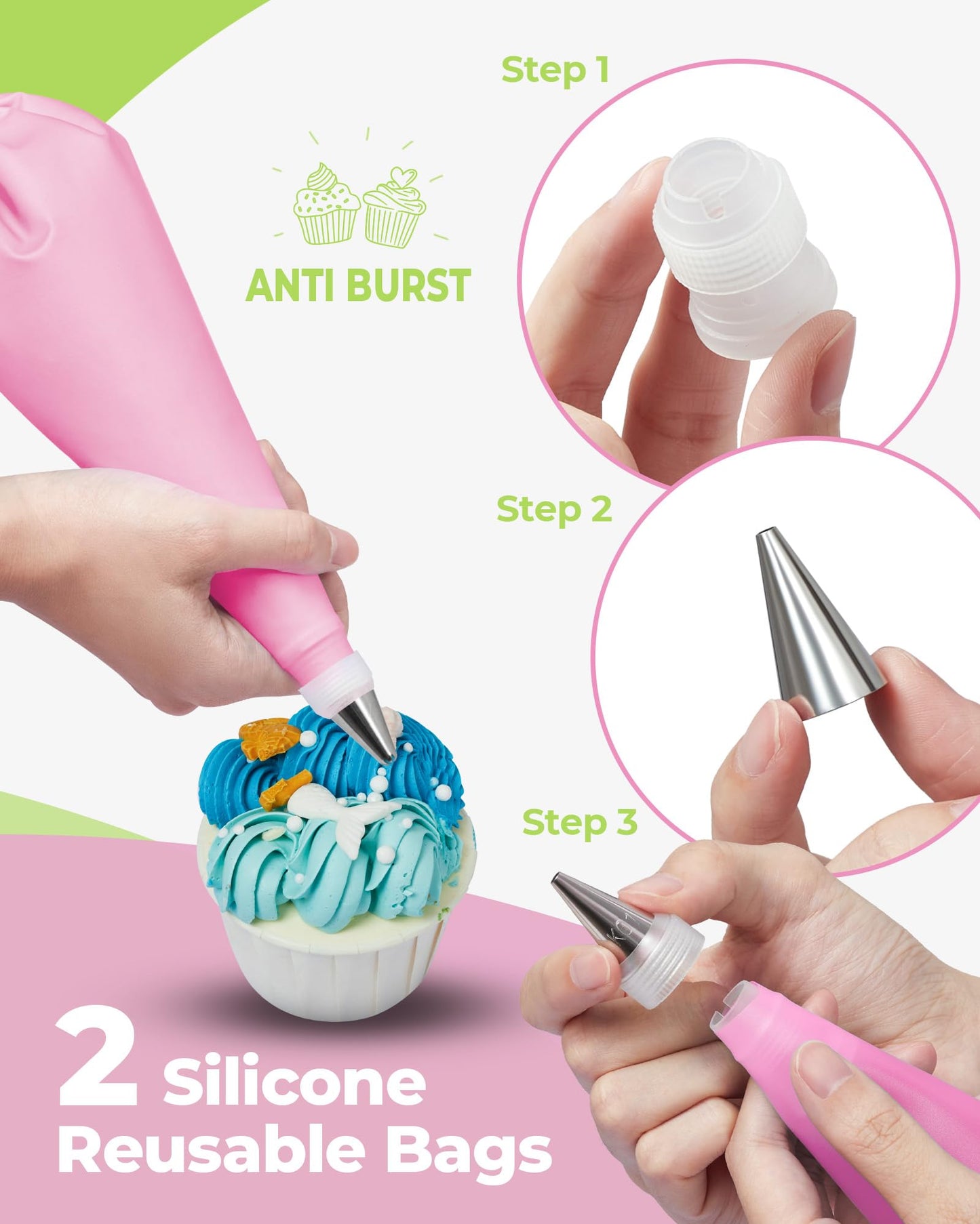 32-Piece Piping Bags and Tips Set with 24 Icing Piping Tips, 2 Reusable Pastry Bags 12 Inch, Reusable Piping Icing Bags and Tips, Cake Decorating Kit for Frosting Cookie, Cupcake