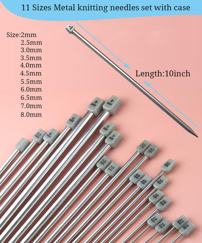 55pcs Metal Knitting Needle Set,Aluminum Straight Single Pointed Stainless Steel Knitting Needles,11 Size 2mm-8mm,10inch Length for Handmade DIY Knitting with Accessories